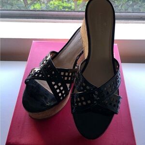 Kate Spade Black Patent Leather Natural Cork Wedge